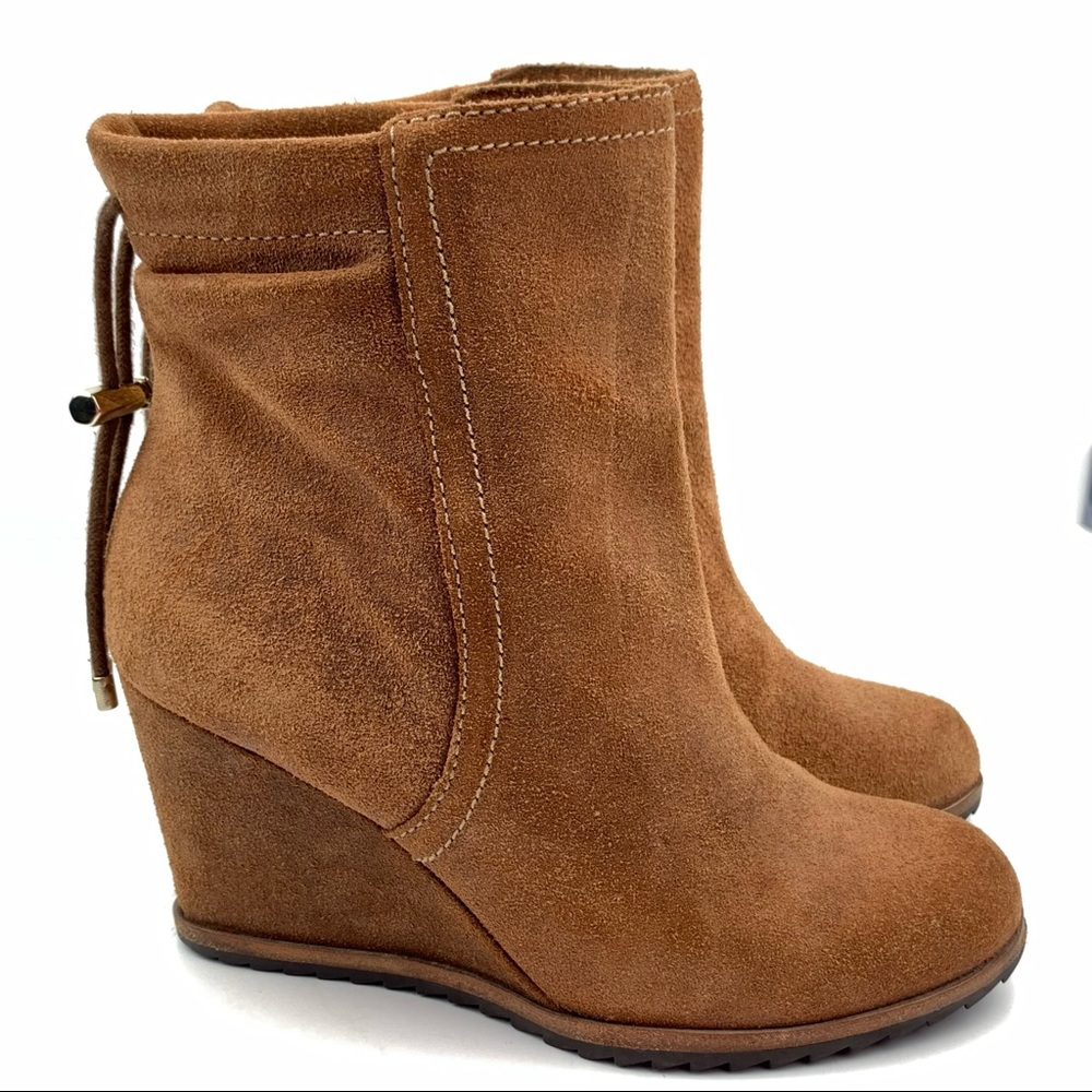 Dr Scholls ankle wedge booties 6 36 brown Ireland cognac suede boots